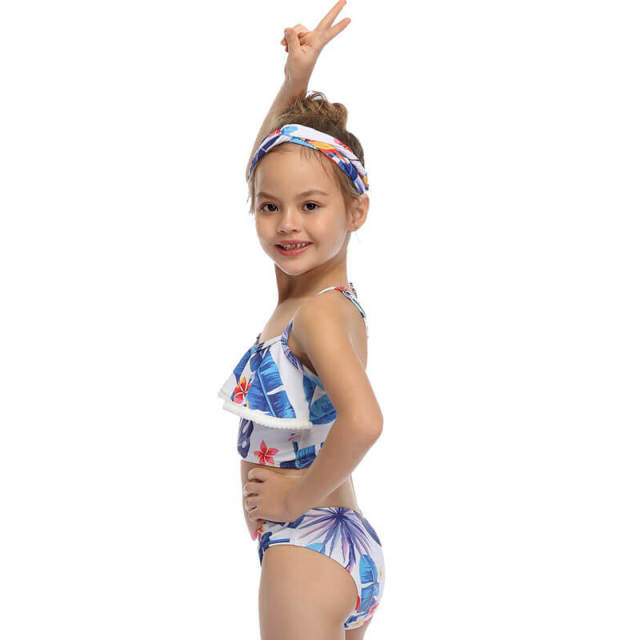 OOVOV Cute Girls Print Swimsuits,Children Ruffle Hairball Sling Two Piece Summer Beach Swimwear Bathing Suits