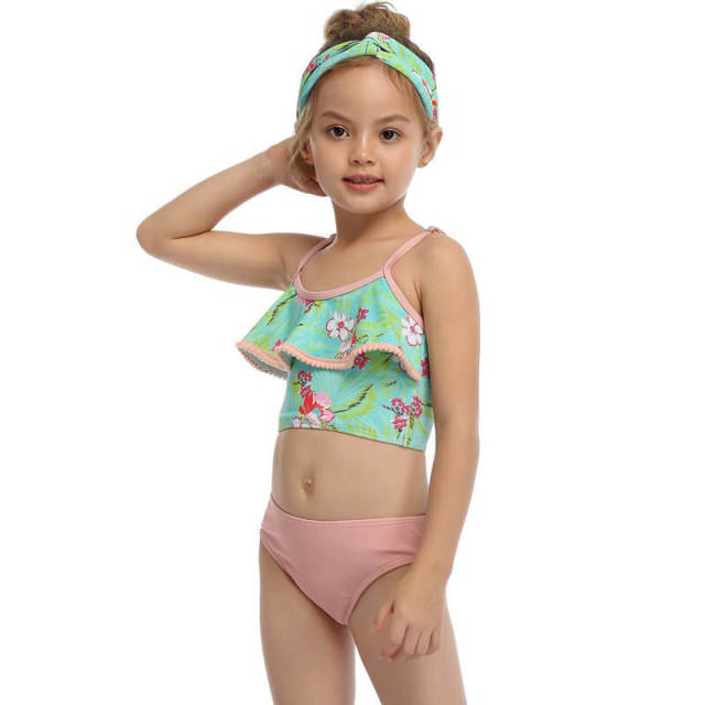 OOVOV Cute Girls Print Swimsuits,Children Ruffle Hairball Sling Two Piece Summer Beach Swimwear Bathing Suits