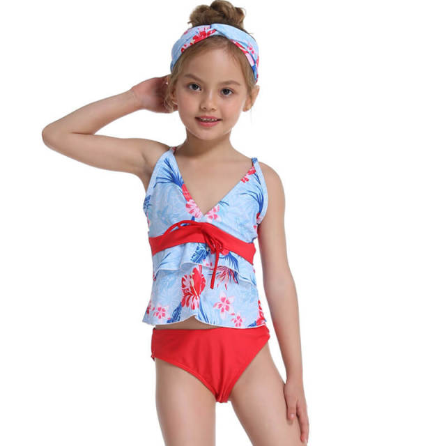 OOVOV Two Pieces Swimsuit Girls Floral Printing Ruffle Bikini Set Tankini Bathing Suits