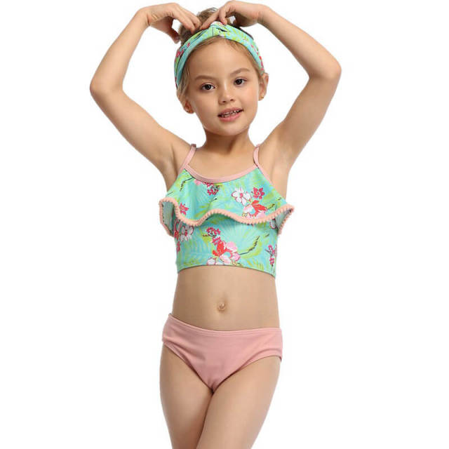 OOVOV Cute Girls Print Swimsuits,Children Ruffle Hairball Sling Two Piece Summer Beach Swimwear Bathing Suits