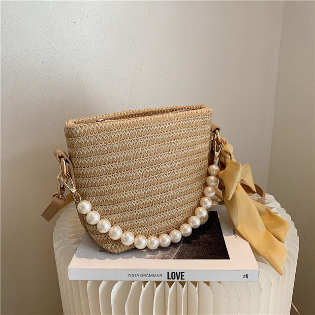 OOVOV Women Handbag Handmade Rattan Woven Artificial Pearl Shoulder Bag Bow Straw Bag