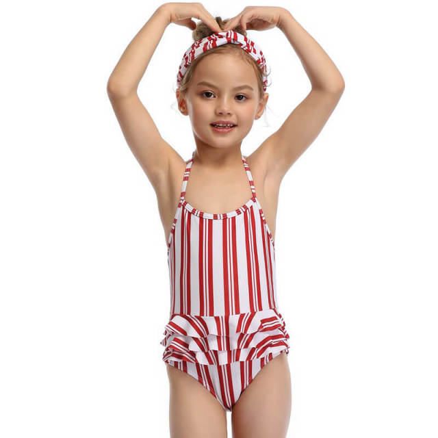 OOVOV Girls' Stripe Printed Swimsuits Baby-girl Sport Halter One Piece Ruffle Swimsuit