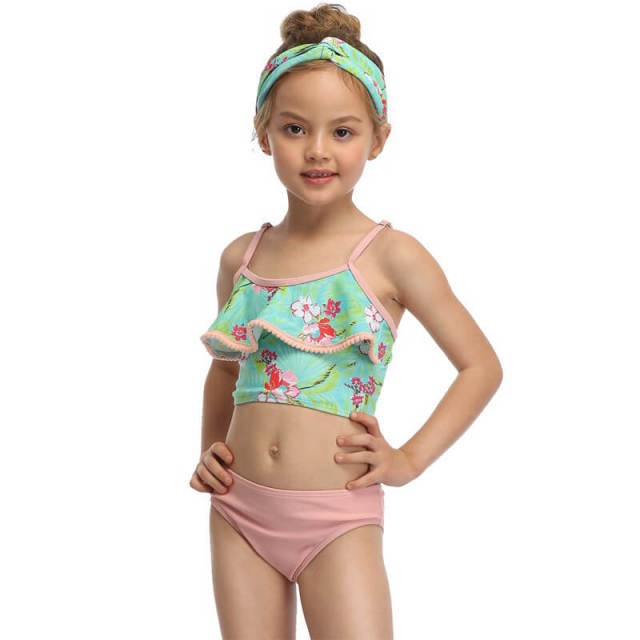 OOVOV Cute Girls Print Swimsuits,Children Ruffle Hairball Sling Two Piece Summer Beach Swimwear Bathing Suits