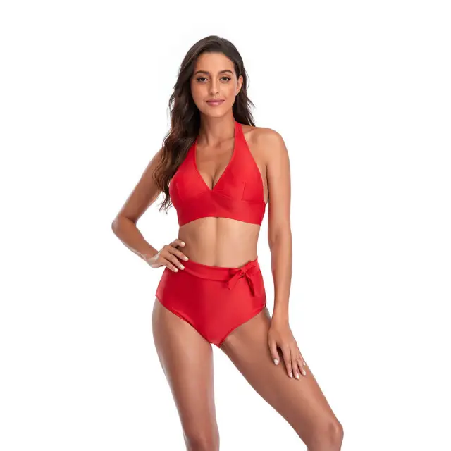 OOVOV Two Piece Swimsuit For Women,High Waist Swimsuits Adjustable Halter Bikini Sets Solid Color Swimwear