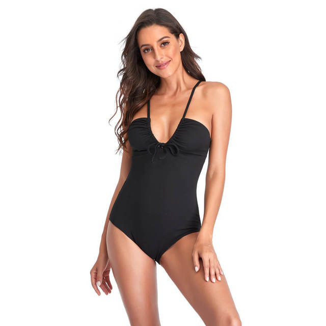 OOVOV Women's Solid Color V Neck Tie Up One Piece Swimsuit S-XXL