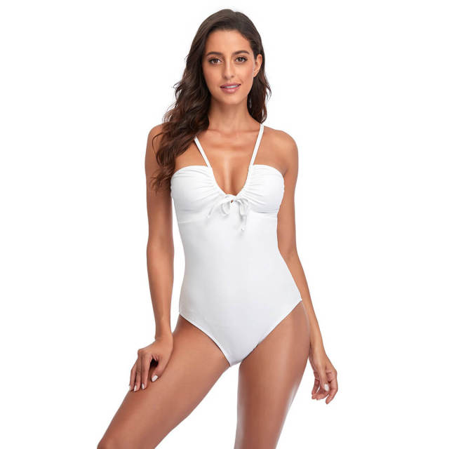 OOVOV Women's Solid Color V Neck Tie Up One Piece Swimsuit S-XXL