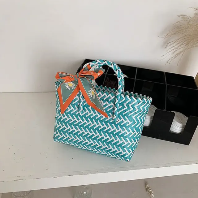 OOVOV Straw Handbag,Handwoven Womens Tote Bags Vegetable Basket Bag Silk Scarf Bow