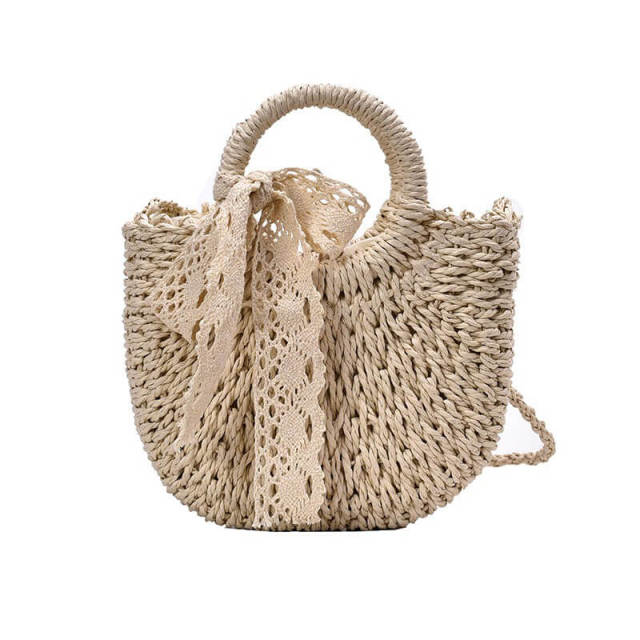 OOVOV Women Straw Shoulder Bag Summer Beach Lace Streamer Tote Bag Handmade Woven Handbag