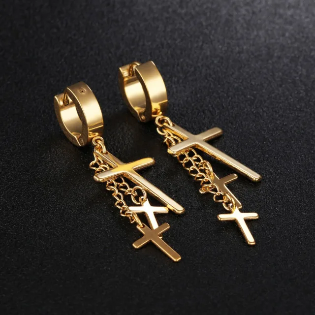 Mens Earrings Titanium Steel Cross Earrings Hip Hop Chain Earrings One Pair