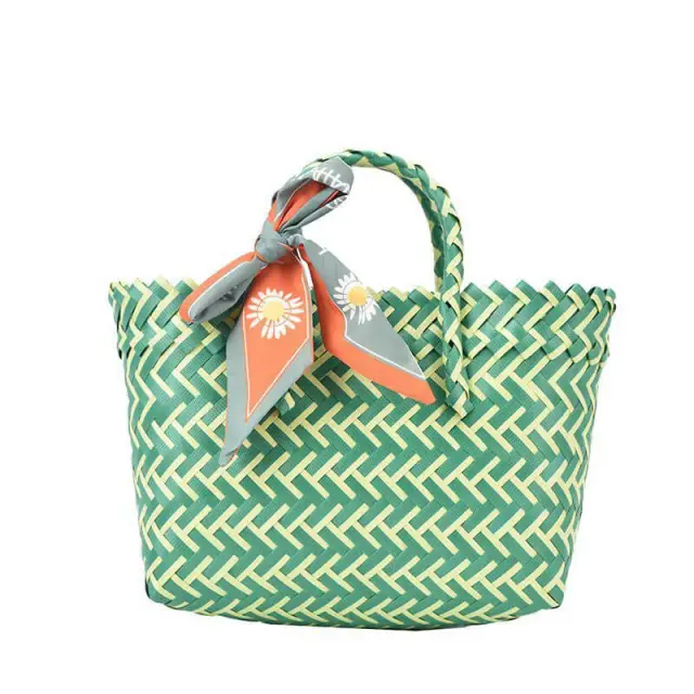 OOVOV Straw Handbag,Handwoven Womens Tote Bags Vegetable Basket Bag Silk Scarf Bow