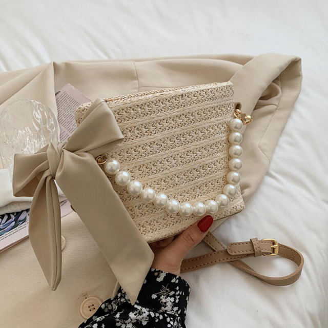 OOVOV Women Handbag Handmade Rattan Woven Artificial Pearl Shoulder Bag Bow Straw Bag