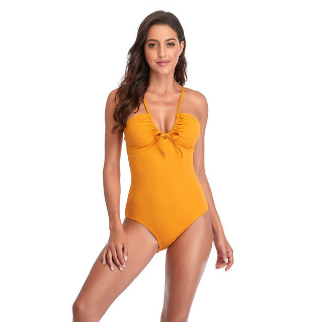 OOVOV Women's Solid Color V Neck Tie Up One Piece Swimsuit S-XXL