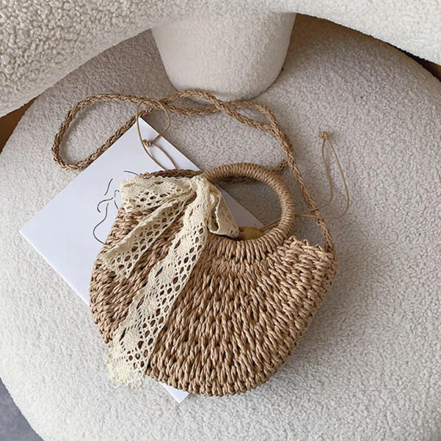 OOVOV Women Straw Shoulder Bag Summer Beach Lace Streamer Tote Bag Handmade Woven Handbag