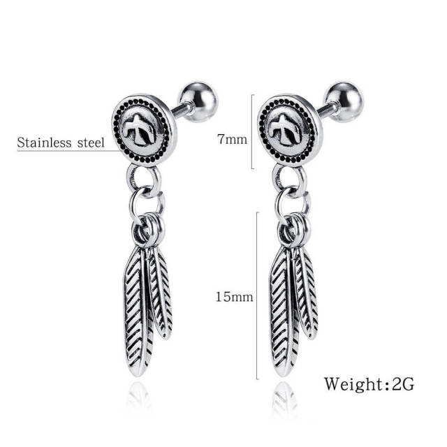 OOVOV Vintage Men's Titanium Steel Earrings, Cross Earrings Feather Earrings Jewelry