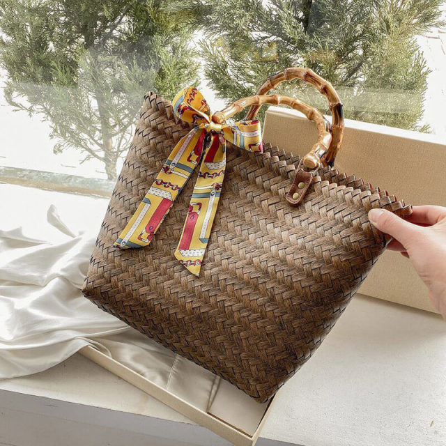 OOVOV Womens Bamboo Handbag Handmade Large Tote Bag Straw Handbag