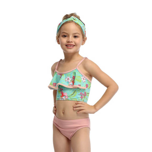 OOVOV Cute Girls Print Swimsuits,Children Ruffle Hairball Sling Two Piece Summer Beach Swimwear Bathing Suits