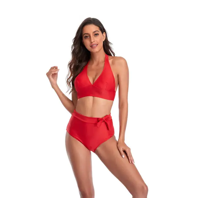 OOVOV Two Piece Swimsuit For Women,High Waist Swimsuits Adjustable Halter Bikini Sets Solid Color Swimwear