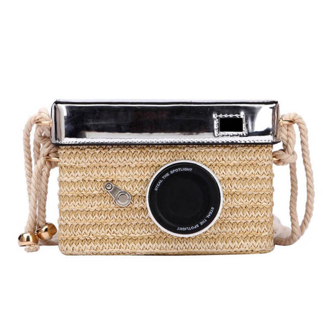 Women Straw Bag Camera Shape Rattan Crossbody Bag Beach Shoulder Bag