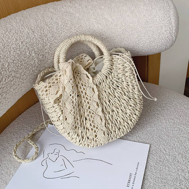 OOVOV Women Straw Shoulder Bag Summer Beach Lace Streamer Tote Bag Handmade Woven Handbag