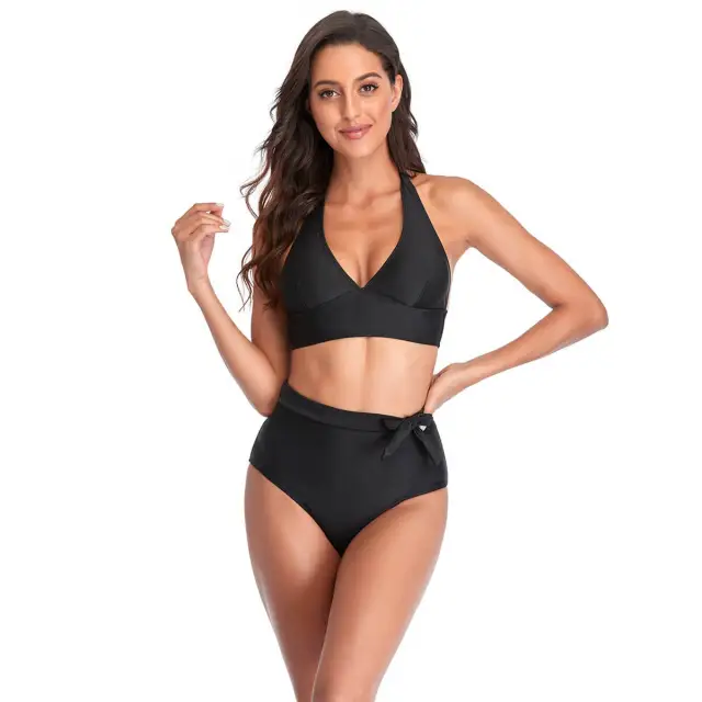 OOVOV Two Piece Swimsuit For Women,High Waist Swimsuits Adjustable Halter Bikini Sets Solid Color Swimwear