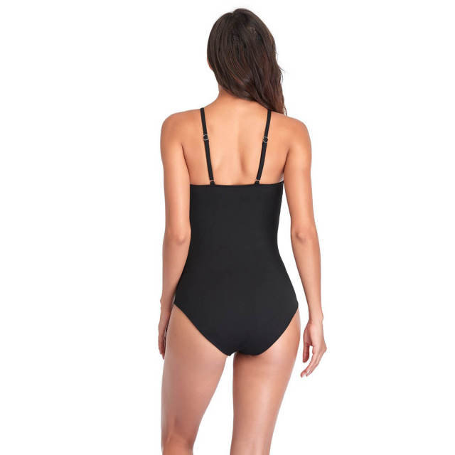 OOVOV Women's Solid Color V Neck Tie Up One Piece Swimsuit S-XXL