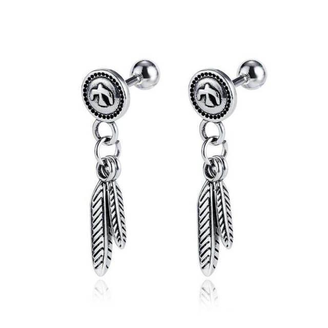 OOVOV Vintage Men's Titanium Steel Earrings, Cross Earrings Feather Earrings Jewelry