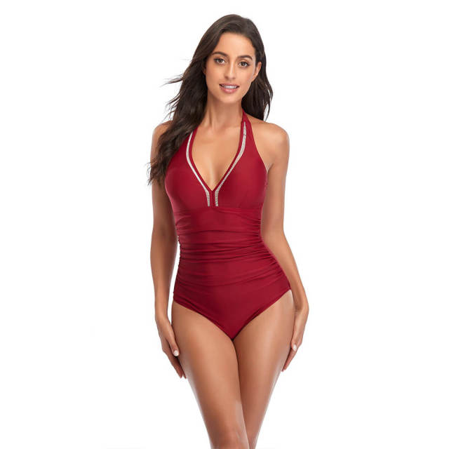 OOVOV Sexy V-neck Women One Piece Swimsuit  Solid Color Tie Up Halter Swimsuits Tummy Control Ruched Bathing Suits