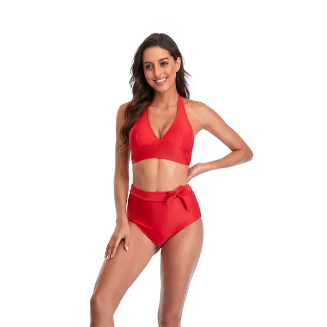 OOVOV Two Piece Swimsuit For Women,High Waist Swimsuits Adjustable Halter Bikini Sets Solid Color Swimwear