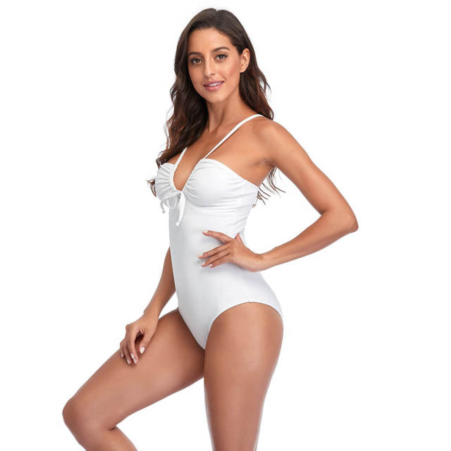 OOVOV Women's Solid Color V Neck Tie Up One Piece Swimsuit S-XXL