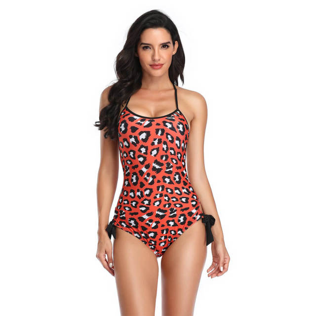 OOVOV Women's Leopard Print One Piece Swimsuit High Cut Lace Up Backless Bathing Suit Tie Knot Side Bottom