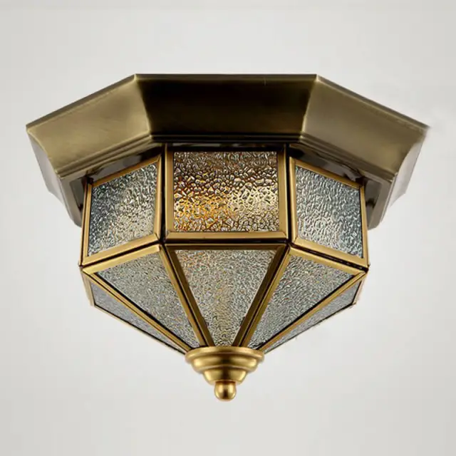 OOVOV 11 Inch Copper Ceiling Light Fixture 2 E27 Base Flush Mount Light With Diamond Pattern Glass Lampshade Balcony Bedroom Kitchen Indoor Lighting