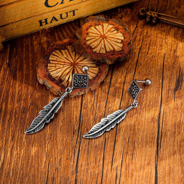 OOVOV Vintage Men's Titanium Steel Earrings, Cross Earrings Feather Earrings Jewelry