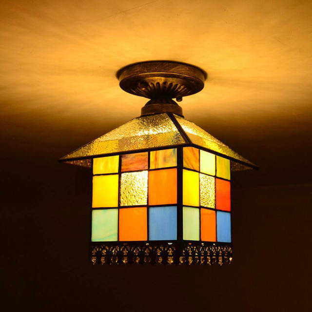 OOVOV Tiffany House Ceiling Lights Semi Flush Mount Ceiling Light With Stained Glass Lampshade for Living Room Hallway Kitchen