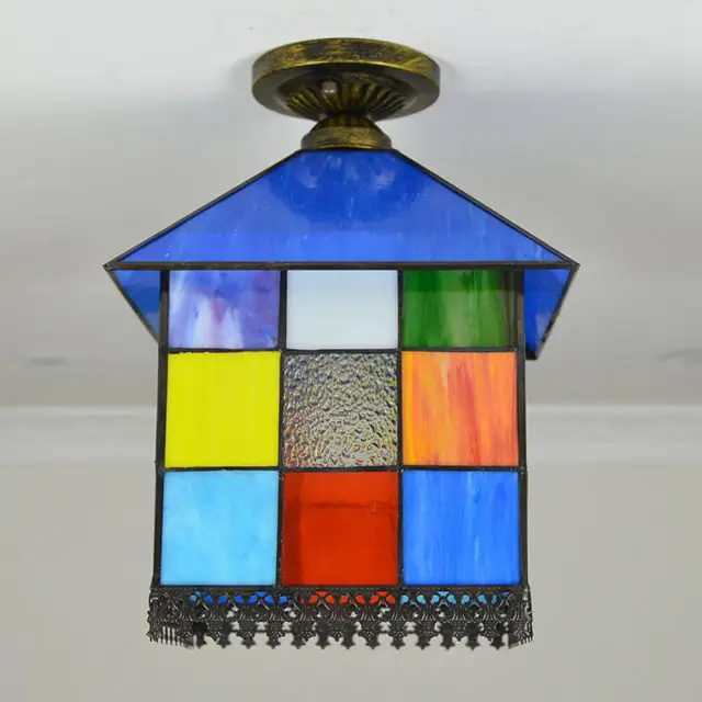 OOVOV Tiffany House Ceiling Lights Semi Flush Mount Ceiling Light With Stained Glass Lampshade for Living Room Hallway Kitchen