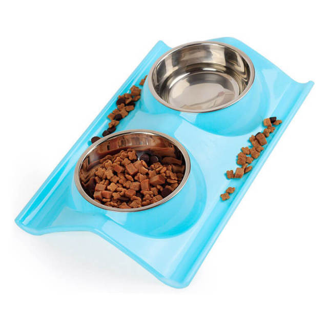 OOVOV Double Dog Cat Bowls Premium Stainless Steel Pet Bowls with No-Spill Resin Station,Food Water Feeder for Cats and Small Dogs