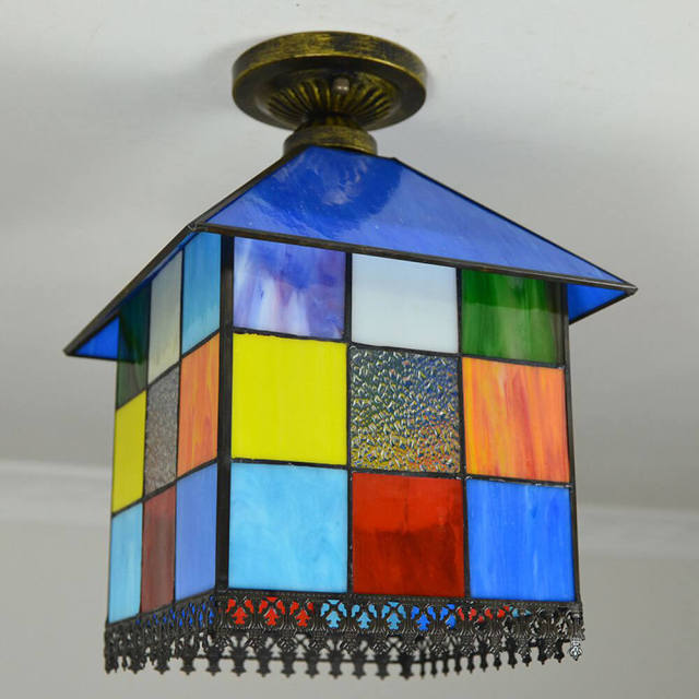 OOVOV Tiffany House Ceiling Lights Semi Flush Mount Ceiling Light With Stained Glass Lampshade for Living Room Hallway Kitchen