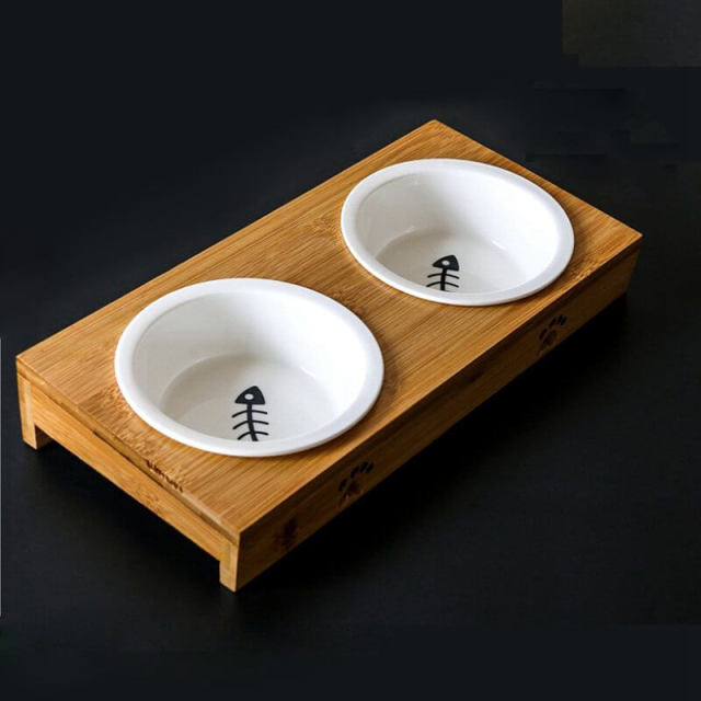 OOVOV Cat Bowl,Pet Dog Bowls,Natural Bamboo Cat Dog Food and Water Bowls,Cat and Dog Food Bowls,Raised Pet Feeder,Non-slip Cat Bowls with Stand