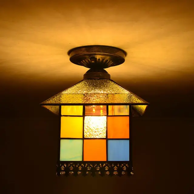 OOVOV Tiffany House Ceiling Lights Semi Flush Mount Ceiling Light With Stained Glass Lampshade for Living Room Hallway Kitchen