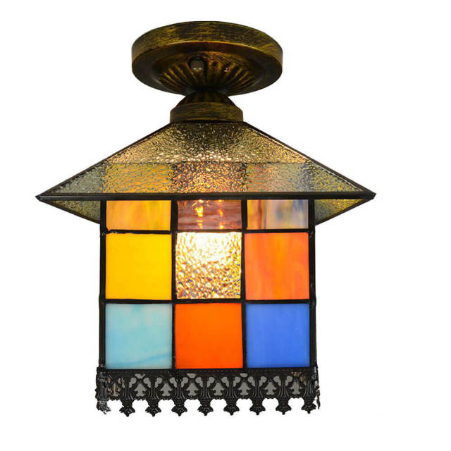 OOVOV Tiffany House Ceiling Lights Semi Flush Mount Ceiling Light With Stained Glass Lampshade for Living Room Hallway Kitchen