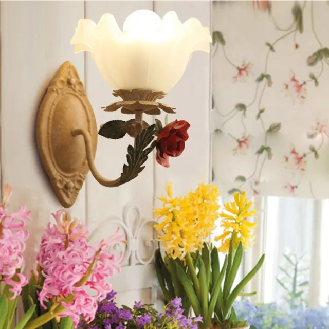 OOVOV Flower Wall Lamp Pastoral Retro Rose Flower Home Decro Wall Sconce With Glass Lampshade For Kids Room Childrens Bedside Living Room Corridor