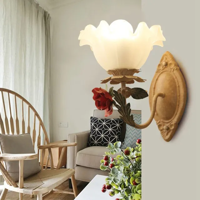 OOVOV Flower Wall Lamp Pastoral Retro Rose Flower Home Decro Wall Sconce With Glass Lampshade For Kids Room Childrens Bedside Living Room Corridor