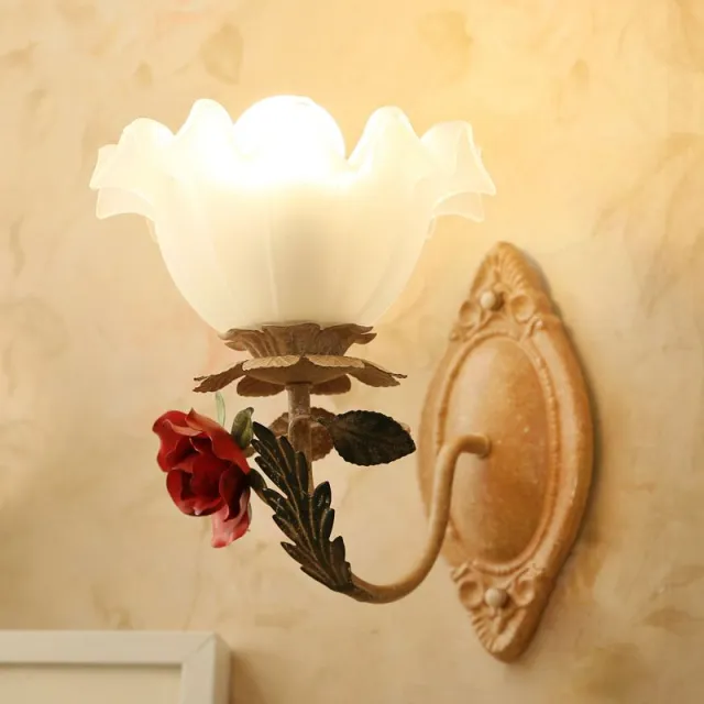 OOVOV Flower Wall Lamp Pastoral Retro Rose Flower Home Decro Wall Sconce With Glass Lampshade For Kids Room Childrens Bedside Living Room Corridor