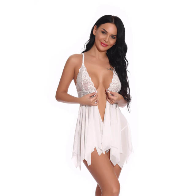 OOVOV Women Lace Lingerie Open Front Babydoll Sexy Chemise V Neck Mesh Two Pieces Sleepwear