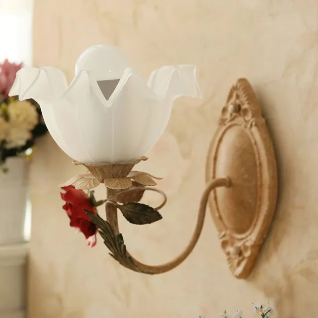 OOVOV Flower Wall Lamp Pastoral Retro Rose Flower Home Decro Wall Sconce With Glass Lampshade For Kids Room Childrens Bedside Living Room Corridor