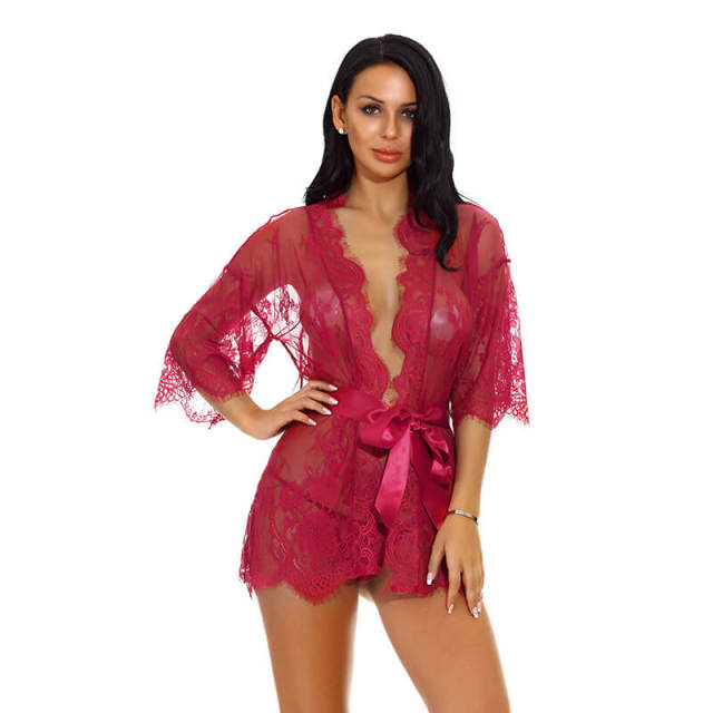 OOVOV Women Lingerie Robe Lace Kimono Bathrobes Sexy Nightgowns Babydoll Mini V-Neck Nighty Sleepwear