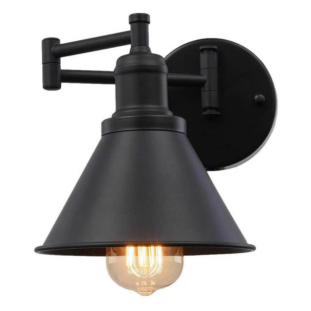OOVOV Swing Arm Wall Lamp 1-Light Industrial Wall Sconce Fixtures with Iron Shade For Hallway Bedroom Bedside Reading Lamp Black Finish E26 Base