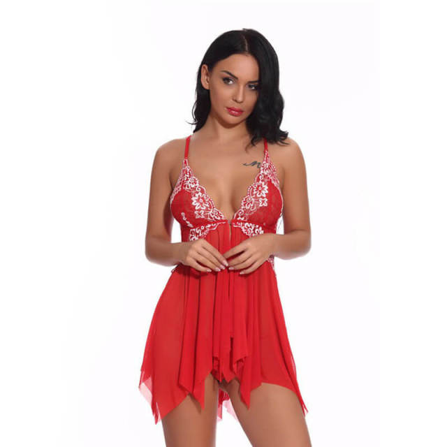 OOVOV Women Lace Lingerie Open Front Babydoll Sexy Chemise V Neck Mesh Two Pieces Sleepwear