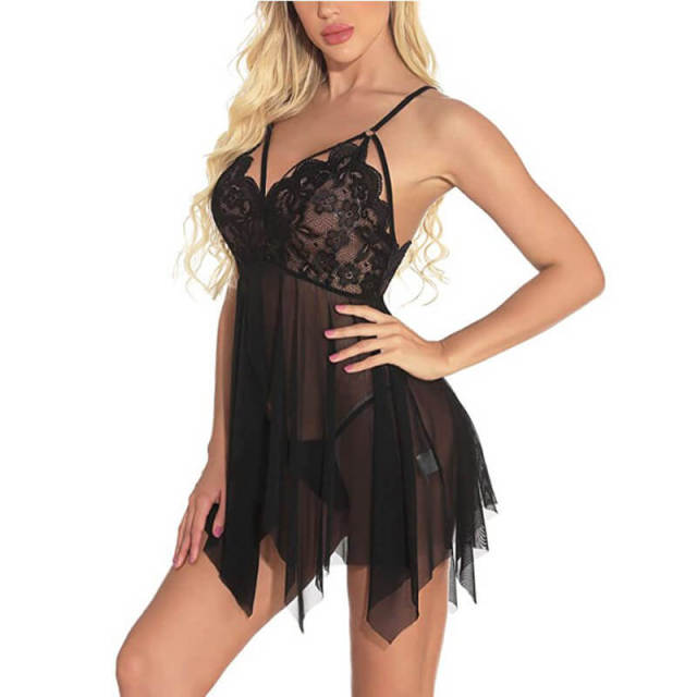 OOVOV Women Lingerie Lace V Neck Open Front Babydoll Sleepwear Set 2 Piece Sexy Chemise Sheer Lady Nightie