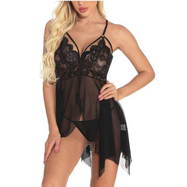 OOVOV Women Lingerie Lace V Neck Open Front Babydoll Sleepwear Set 2 Piece Sexy Chemise Sheer Lady Nightie