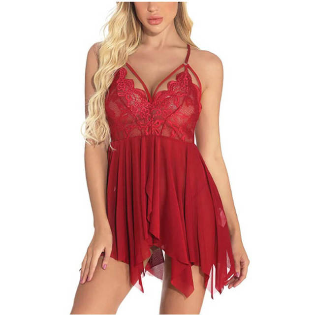 OOVOV Women Lingerie Lace V Neck Open Front Babydoll Sleepwear Set 2 Piece Sexy Chemise Sheer Lady Nightie